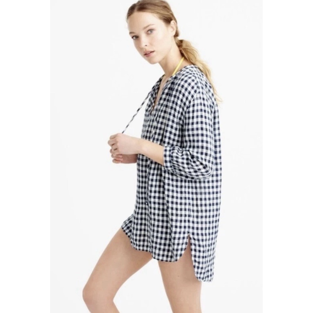 J.Crew Linen Gingham Tunic Top Cover Up Size Medium Navy Blue White 100% Linnen